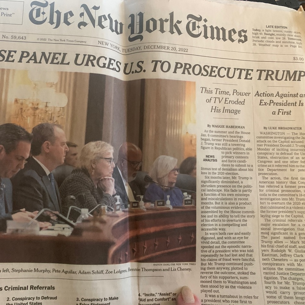 The New York Times house panel urges trump prosecution Dec 20, 2022 collectible